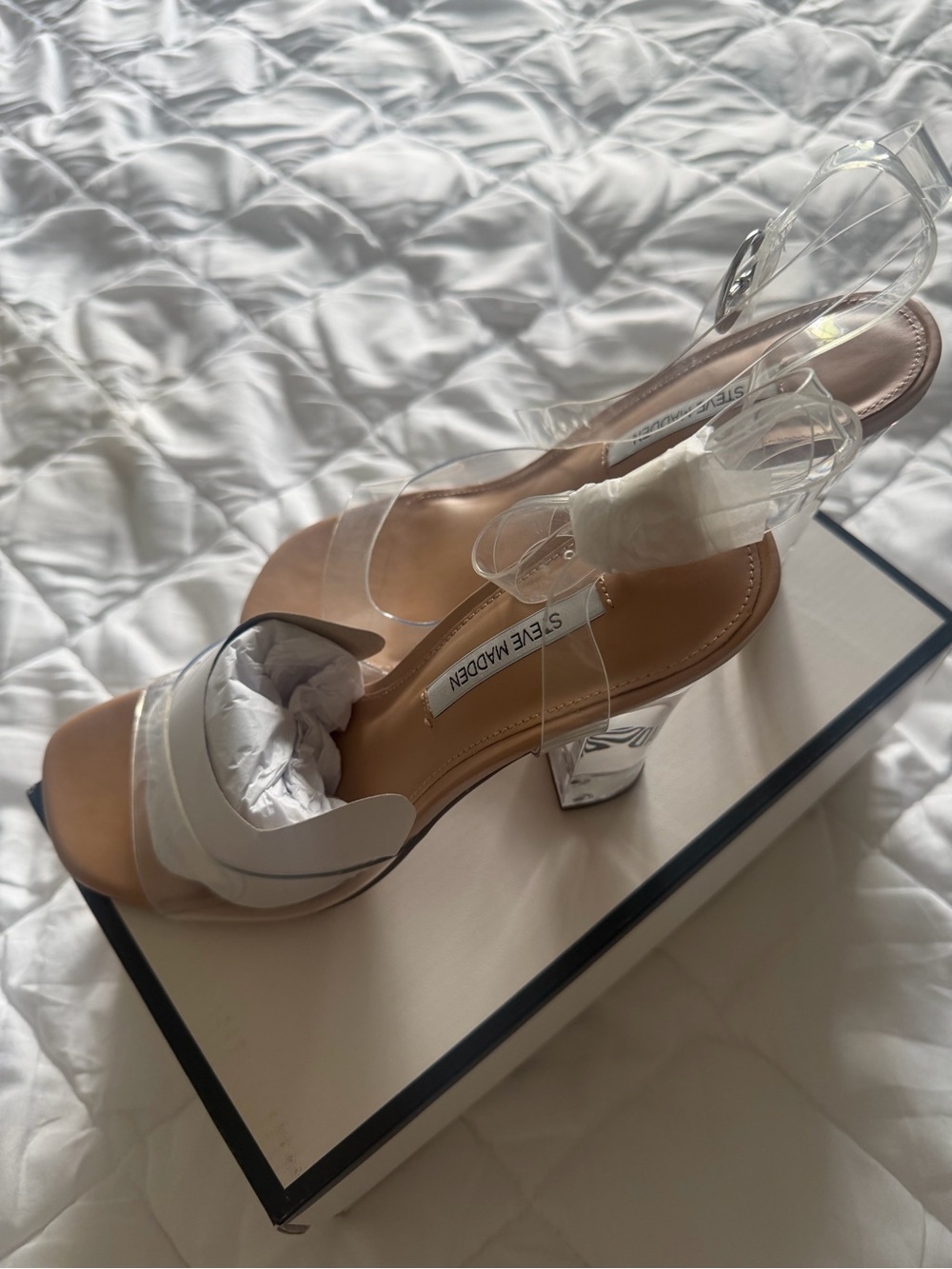 Steve Madden Clear Strap Block Heel Sandal with White Toe Accent